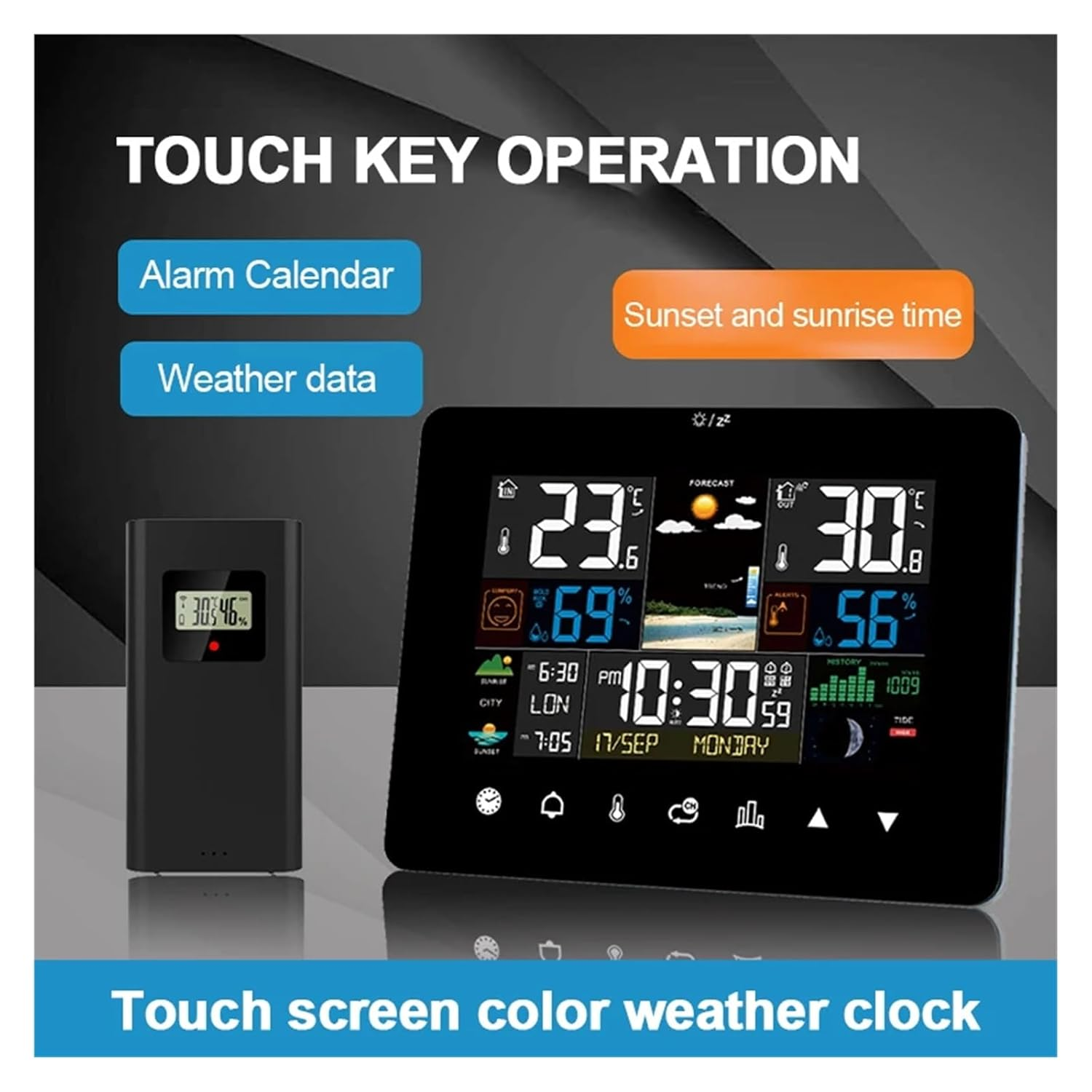 Touch Color Screen Weather Station Alarm Clock Sunrise and Sunset Time Thermometer Hygrometer with Wireless Outdoor Sensor image number 4