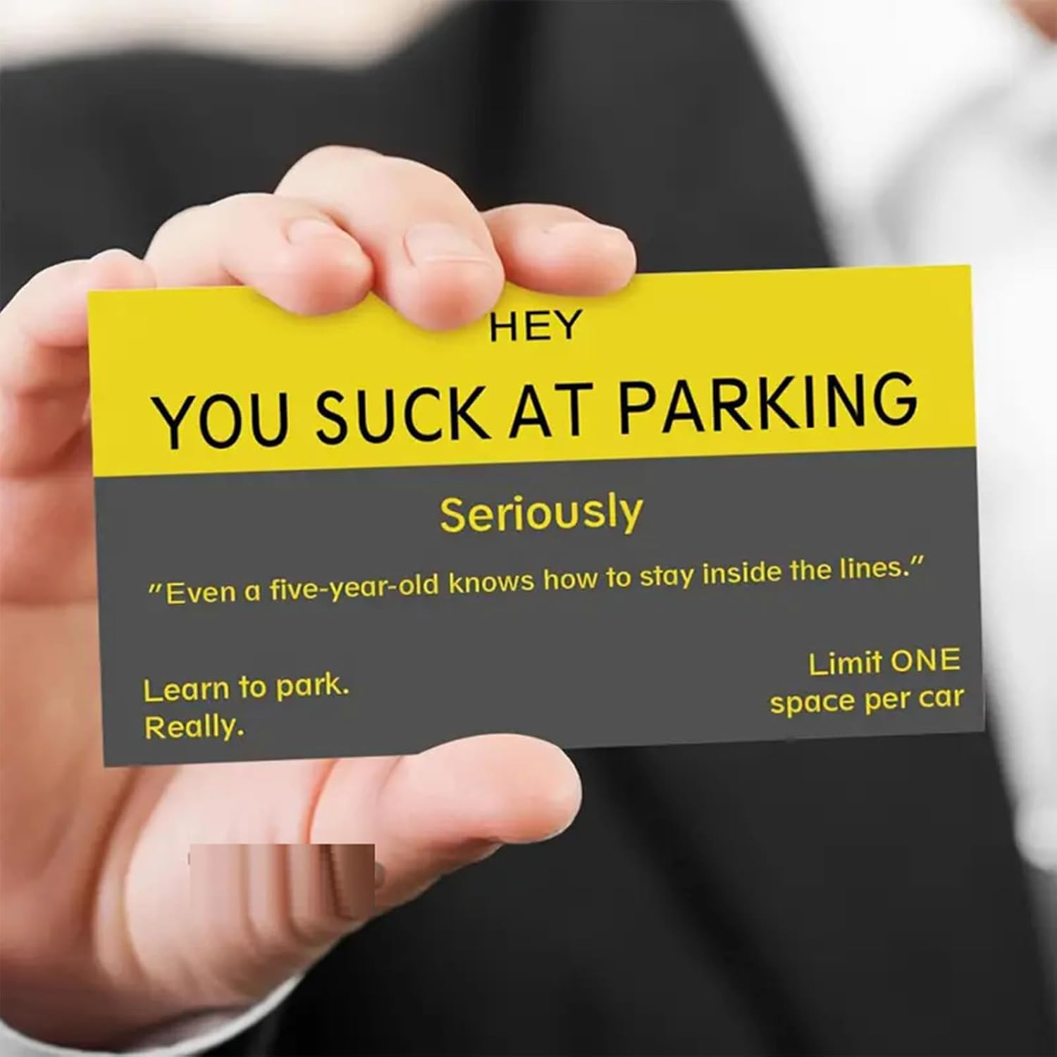 Bad Parking Cards - 100Pcs You Suck at Parking Cards -Funny Parking Violation Tickets Learn to Park Polite Reminder Business Cards(3.5 X 2 Inches) - Yellow,Black image number 7