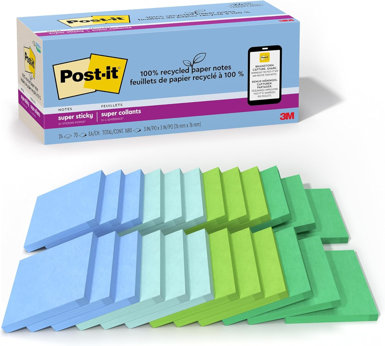 Post-It 100% Recycled Paper Super Sticky Notes, 2X the Sticking Power, 3X3 In, 24 Pads, 70 Sheets/Pad, Oasis Collection (654R-24SST-CP) image number 1