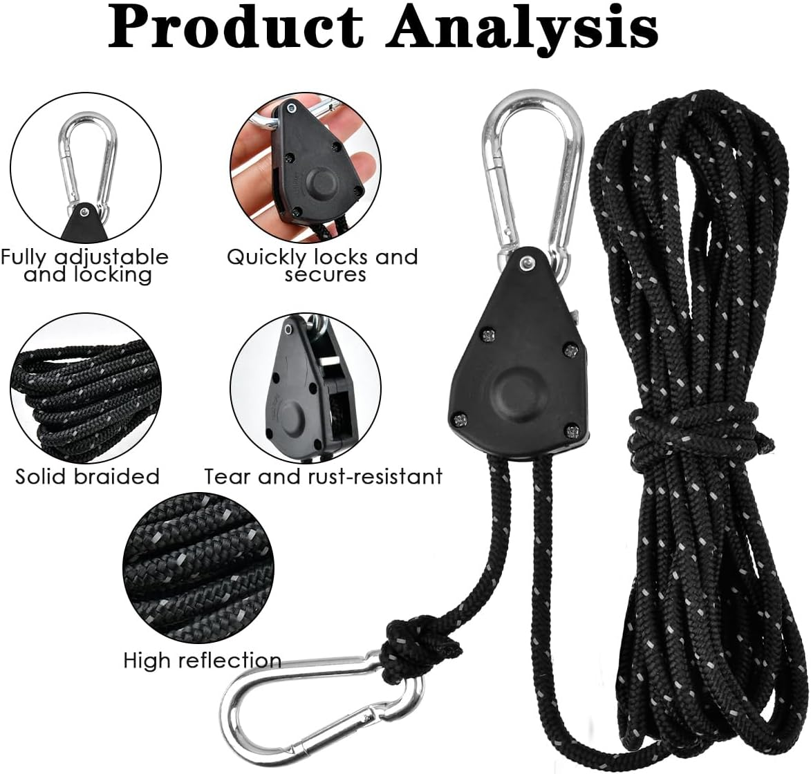 4M Reflective Tent Guy Ropes Ratchet 4PCS, 4Mm Tent Guy Ropes Tensioners with Pulley, Adjustable Tent Camping Rope Cord Heavy Duty Tent Guide Rope Grow Lights Ratchet Hangers for Awning Camping Hiking image number 3