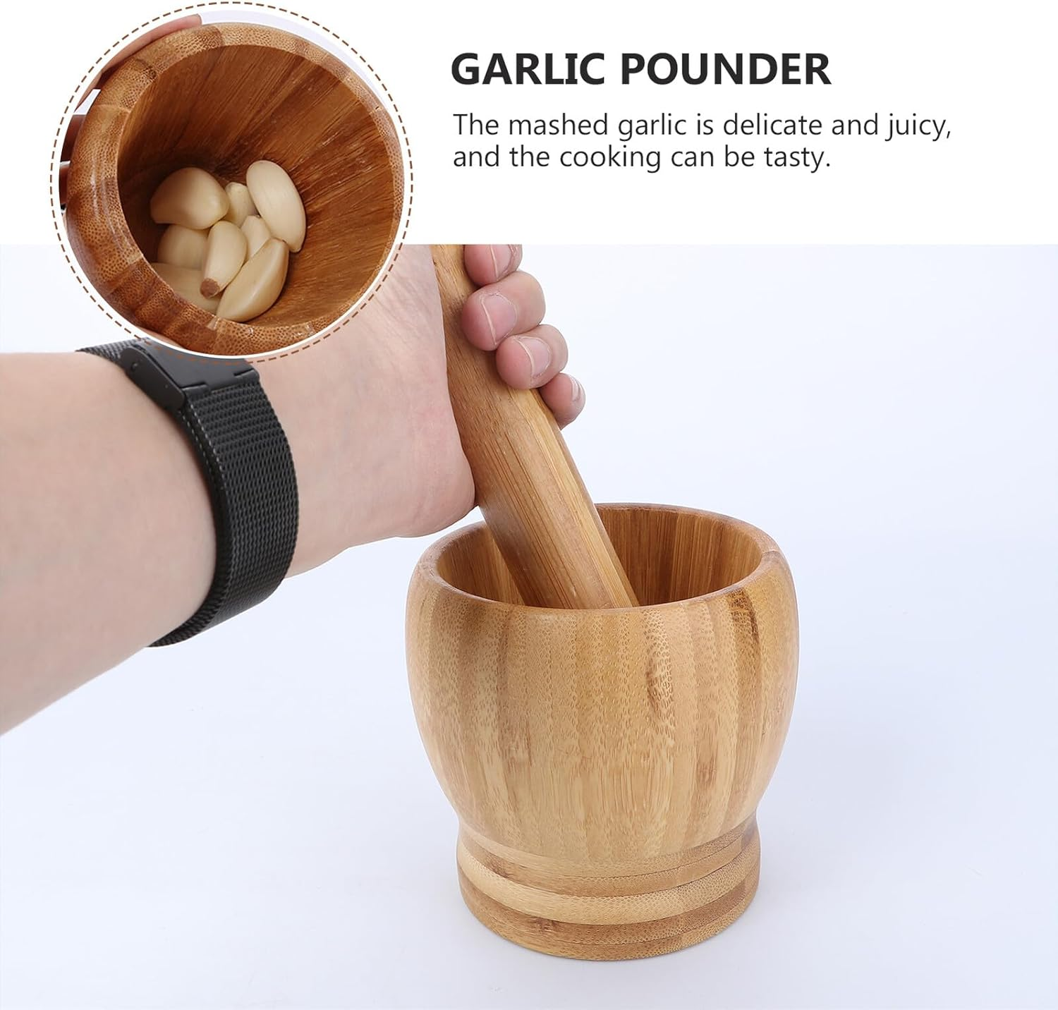 SHOWERORO 2Pcs Large Bamboo Garlic Grinder Set for Kitchen Tools Ergonomic Manual Spice Crusher Easy to Clean Household Garlic Press for Dining and Restaurant Use image number 6