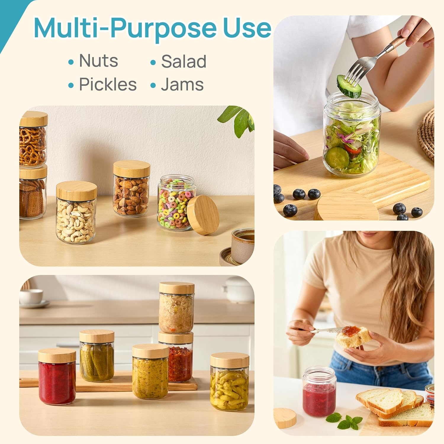 Vtopmart 6 Pack 16Oz Glass Overnight Oats Containers with Bamboo Lids, Portable Wide Mouth Glass Jars Leak-Proof, Reusable Glass Food Storage Containers for Yogurt Chia Pudding Salad Pickling Snacks image number 3