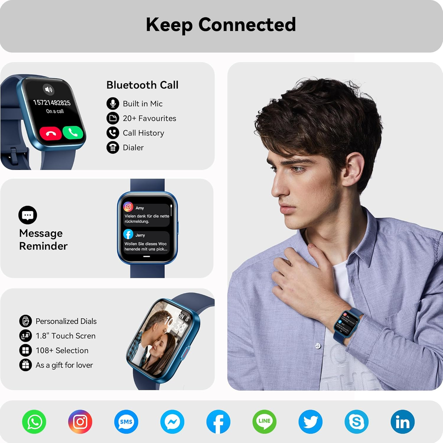 Smart Watch for Women Men, Smart Watch (Answer/Make Call),1.8" Full Touch Alexa Built-In Fitness Watch with Sleep/Stress Monitor, IP68 Waterproof Smartwatch for Android Ios (Blue) image number 4
