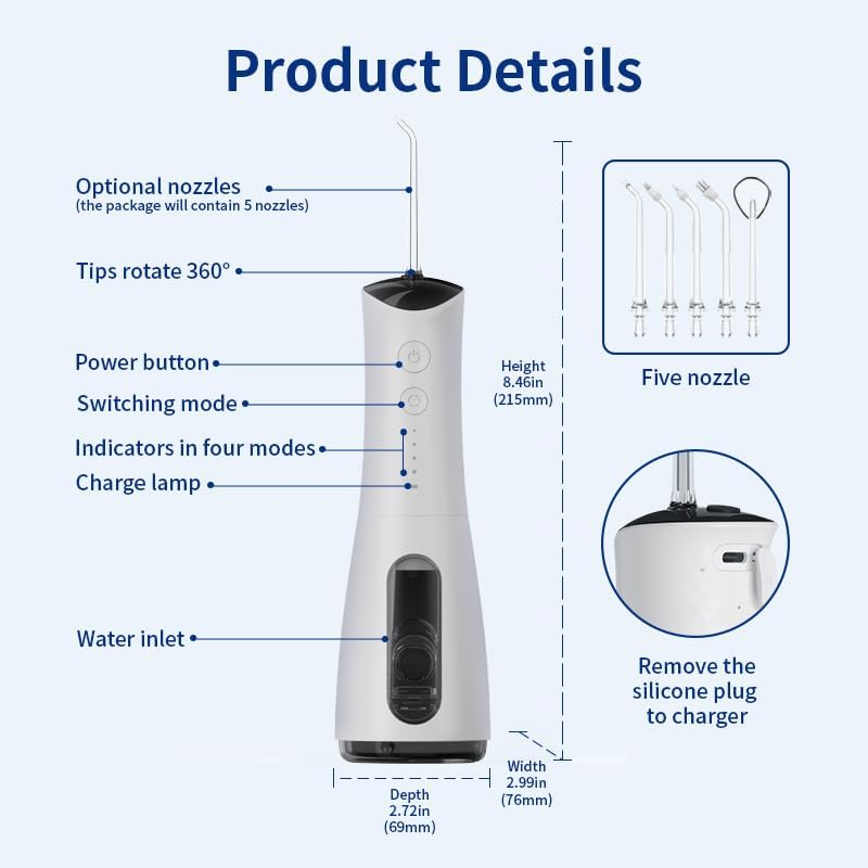 Water Dental Flosser, Cordless Oral Irrigator for Teeth, Gum, Braces Deep Cleaning, 5 Tips, 4 Modes, 300ML Rechargeable Water Dental Flosser, IPX7 Waterproof, Portable Design for Home Travel image number 2