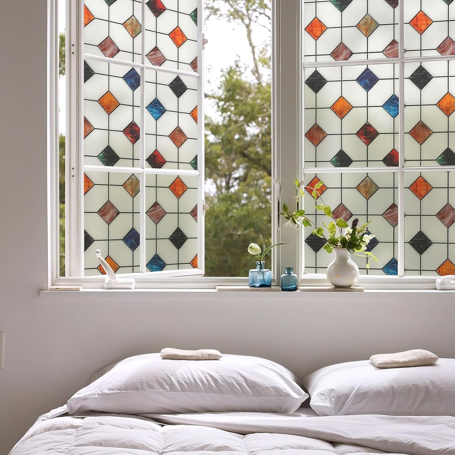 DKTIE Stained Glass Window Film Geometric Patterns, Fine Frosted Window Clings for Glass Windows, Waterproof for Bathroom Window Privacy Film Day and Night (S533, 35.4In X 118.1In) image number 6
