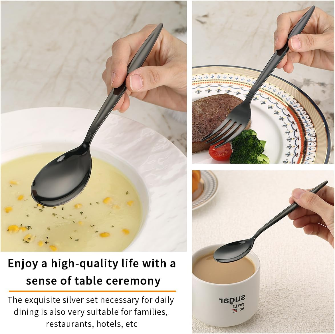 Black Cutlery Set 30 Pieces Service for 6, Berglander Titanium Black Plated Stainless Steel Flatware Set, Knives Forks Spoons Silverware Set - A.30 Pieces image number 2