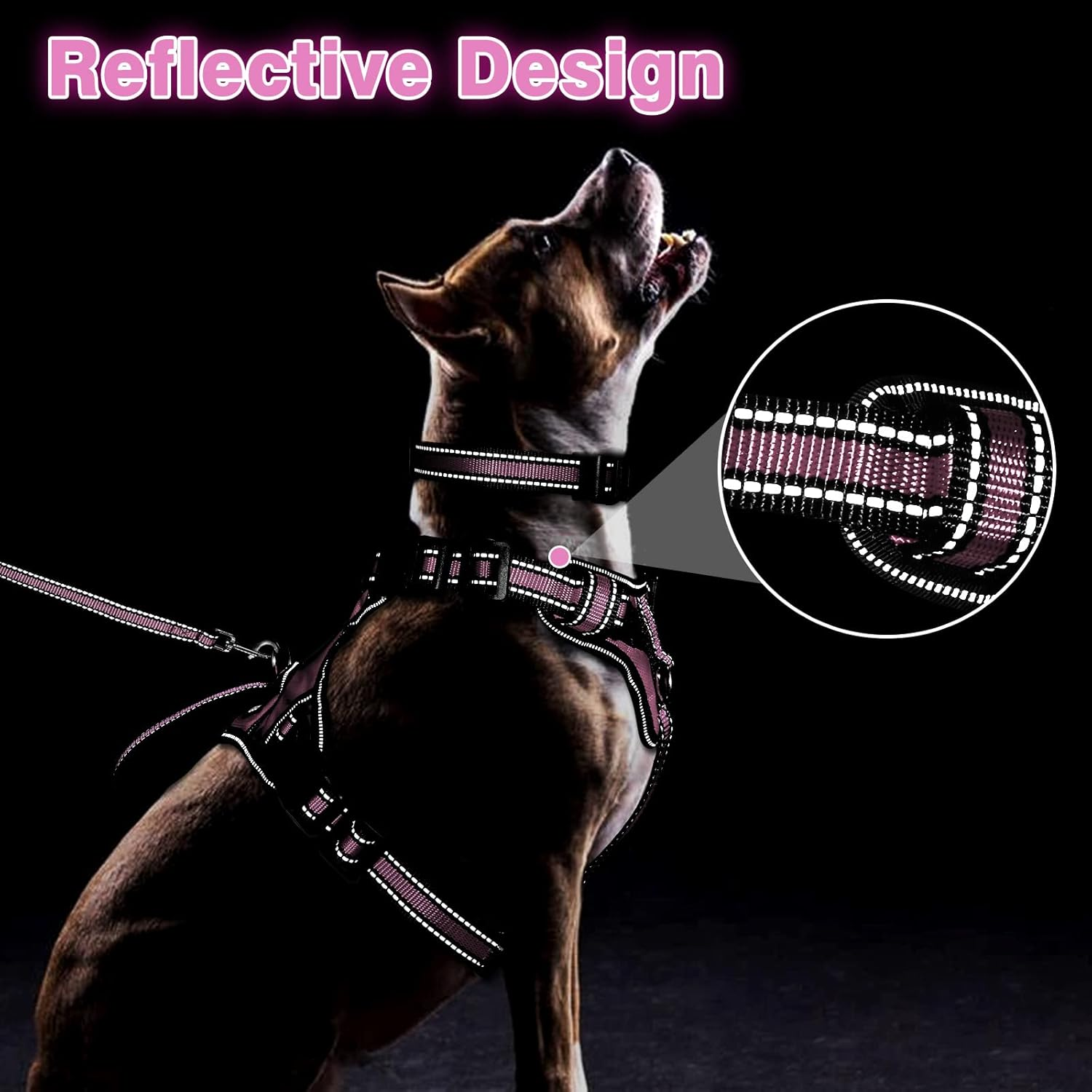 WINSEE Pet Harness Collar and Leash Set, All-In-One Reflective Dog Harness No Pull with Adjustable Buckles for Puppies, Small, Medium, Large, and Extra-Large Dogs (Large, Pink) image number 3