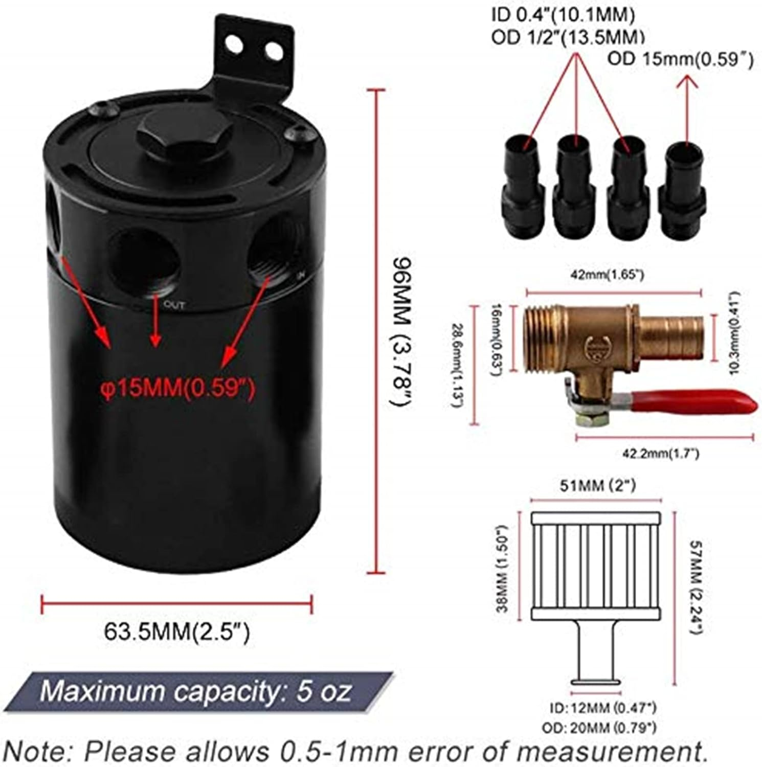 Sporacingrts 3 Port Oil Catch Can, 1 Oulet + 2 Intlet Compact Baffled Engine Oil Reservoir Tank with Breather Filter + Drain Valve image number 1