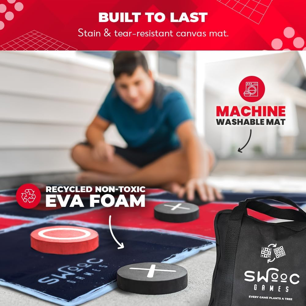 SWOOC Games - 2-In-1 Vintage Giant Checkers & Tic Tac Toe Game with Mat (4Ft X 4Ft) - 100% Machine-Washable Canvas with 5" Big Foam Discs - Yard Size Indoor and Outdoor Games for the Whole Family image number 1