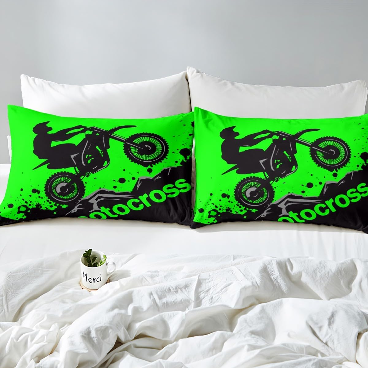 Dirt Bike Bedding Set Full Size Extreme Sports Comforter Cover Set for Boys Teens Racing Motocross Rider Duvet Cover Breathable Motorcycle Bedspread Cover Room Decor Green Black Quilt Cover image number 5