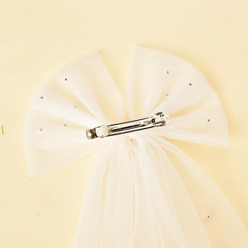 Hair Bow Veil Clip for Brides - White Bridal Veil with Pearls, Barrettes, Hair Clips - Wedding, Bridal Shower, Bachelorette Party Decorations - Bride Bridesmaid Hair Accessories image number 2