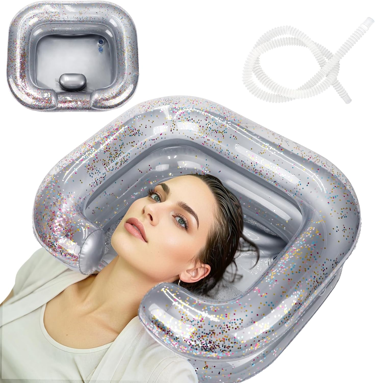 Inflatable Hair Washing Basin, Portable Shampoo Bowl with Pillow and Drain Hose, Hair Washing Basin for Bedridden, Disabled, Injured, Perfect for Dreadlocks, Curly Hair, Thick Hair (Grey)