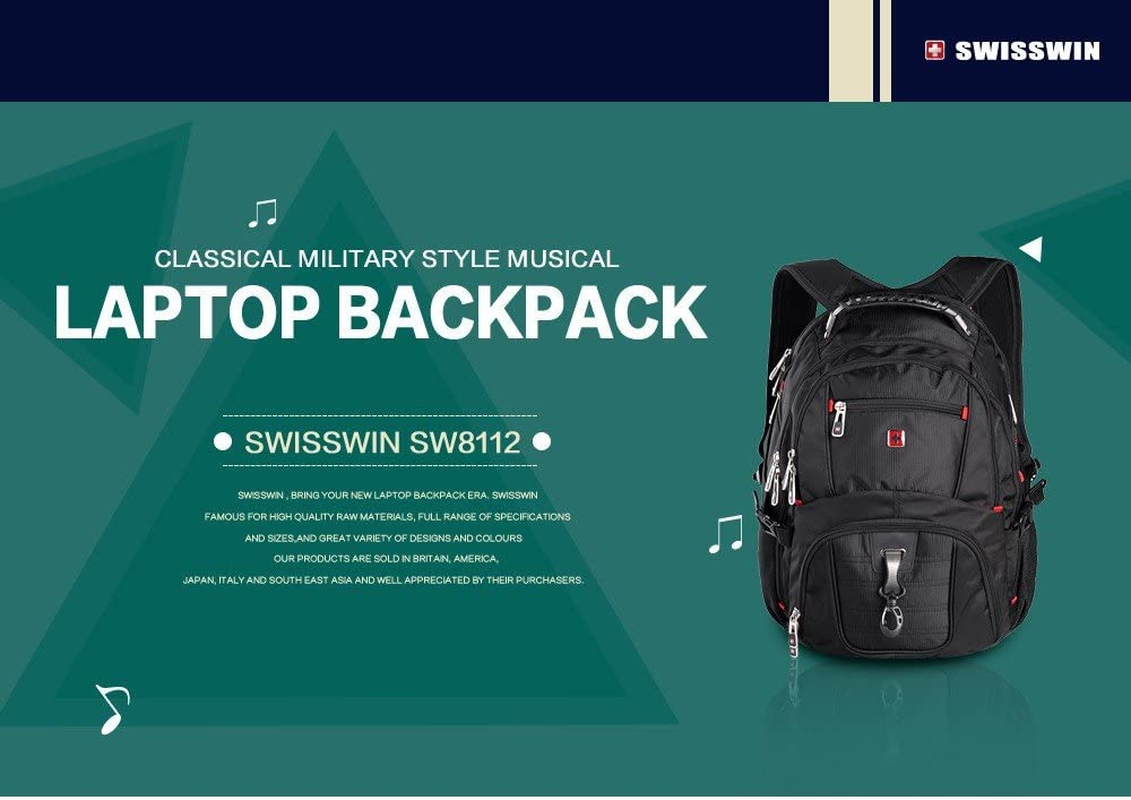SWISSWIN Swiss Waterproof Business Backpack Travel Backpack College School Backpack Casual Daypack Daily Shoulder Bag SW8112 Black 16 Inch Laptop Notebook Backpack for Men Womens Boys Girls &hellip;