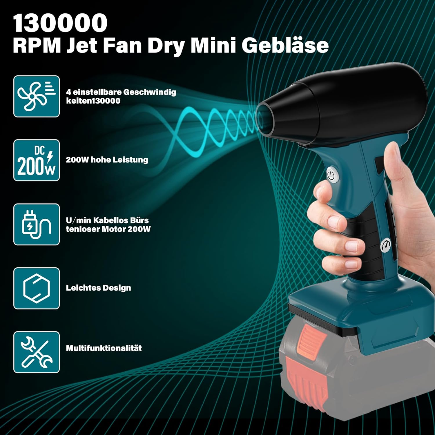 URUN Jet Dry Mini Blower for Bosch GBA 18V Battery, 130000RPM 18V Battery Blower, Portable Dust Blower, Air Blower Brushless for Cleaning PC, Keyboard and Car (No Battery) image number 6