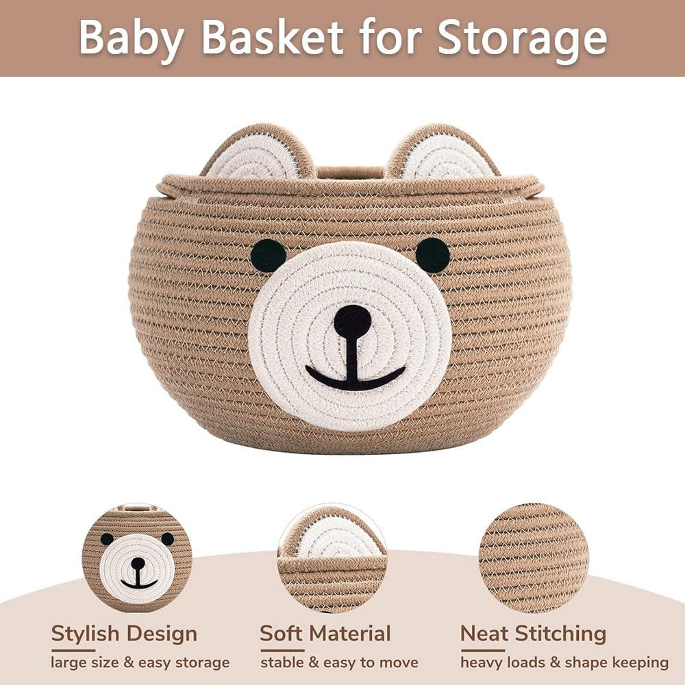 Cotton Rope Baby Basket for Nursery &ndash; Cute Bear Gift Basket for Kids, Small Animal Storage Basket with Handles, Empty Baby Shower Hamper, Khaki image number 6