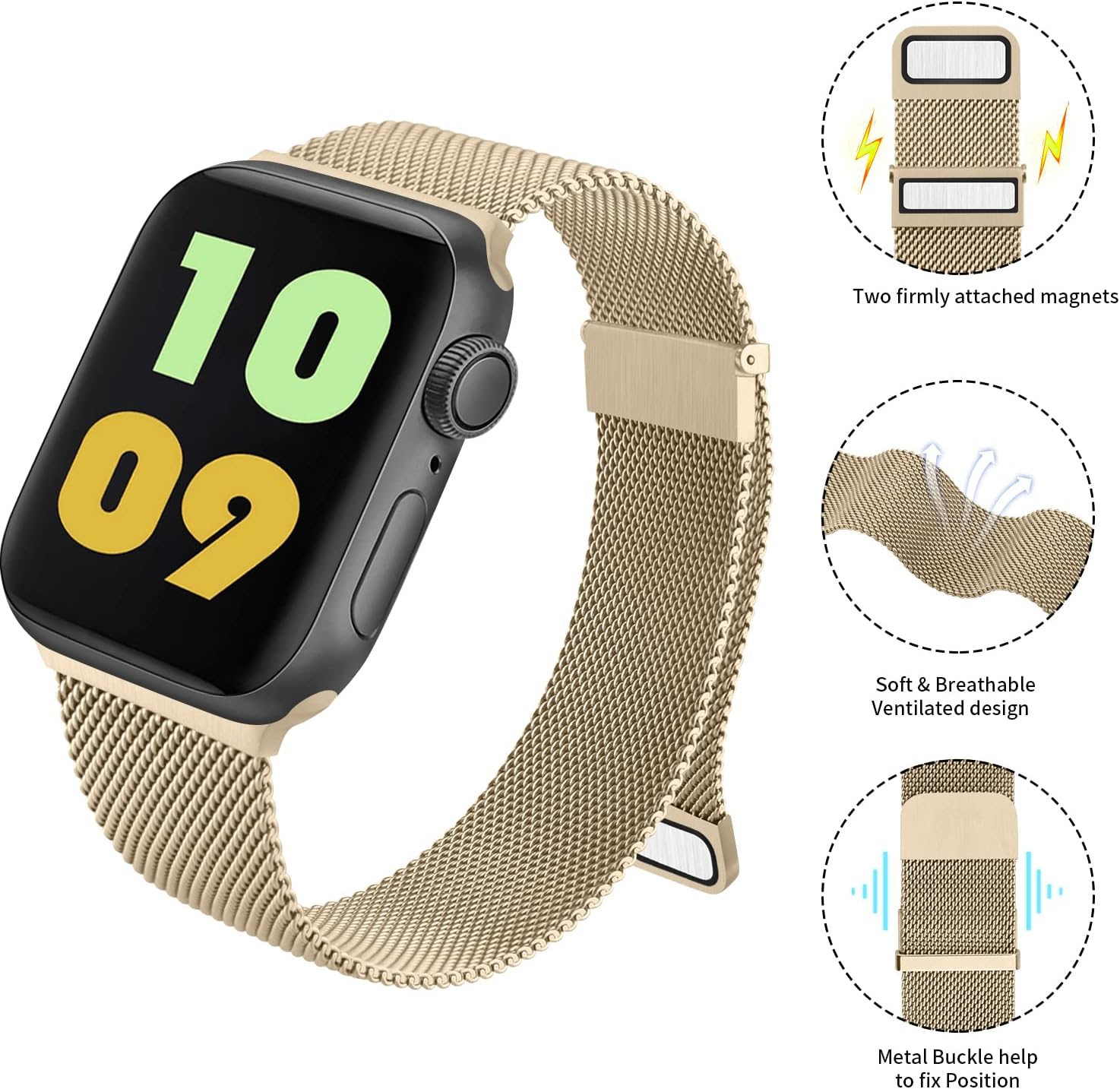 Metal Stainless Steel Bands for Apple Watch Bands 38Mm 40Mm 41Mm 42Mm 44Mm 45Mm, Loop Magnetic Milanese Mesh Strap for Iwatch Series 9 8 7 6 5 4 3 2 SE image number 2