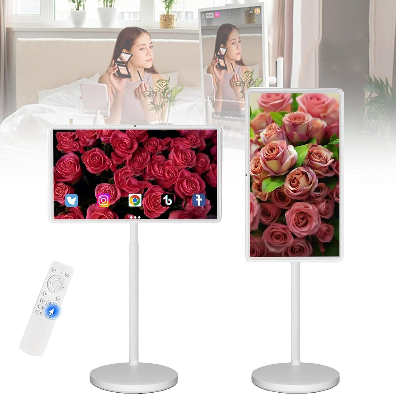 6+128G Rolling Standing Tv,27-Inch Portable Smart -1080P Touch Screen Monitor on Wheels with Remote Control,7800Mah Battery, Rotatable End of Bed Tablet White