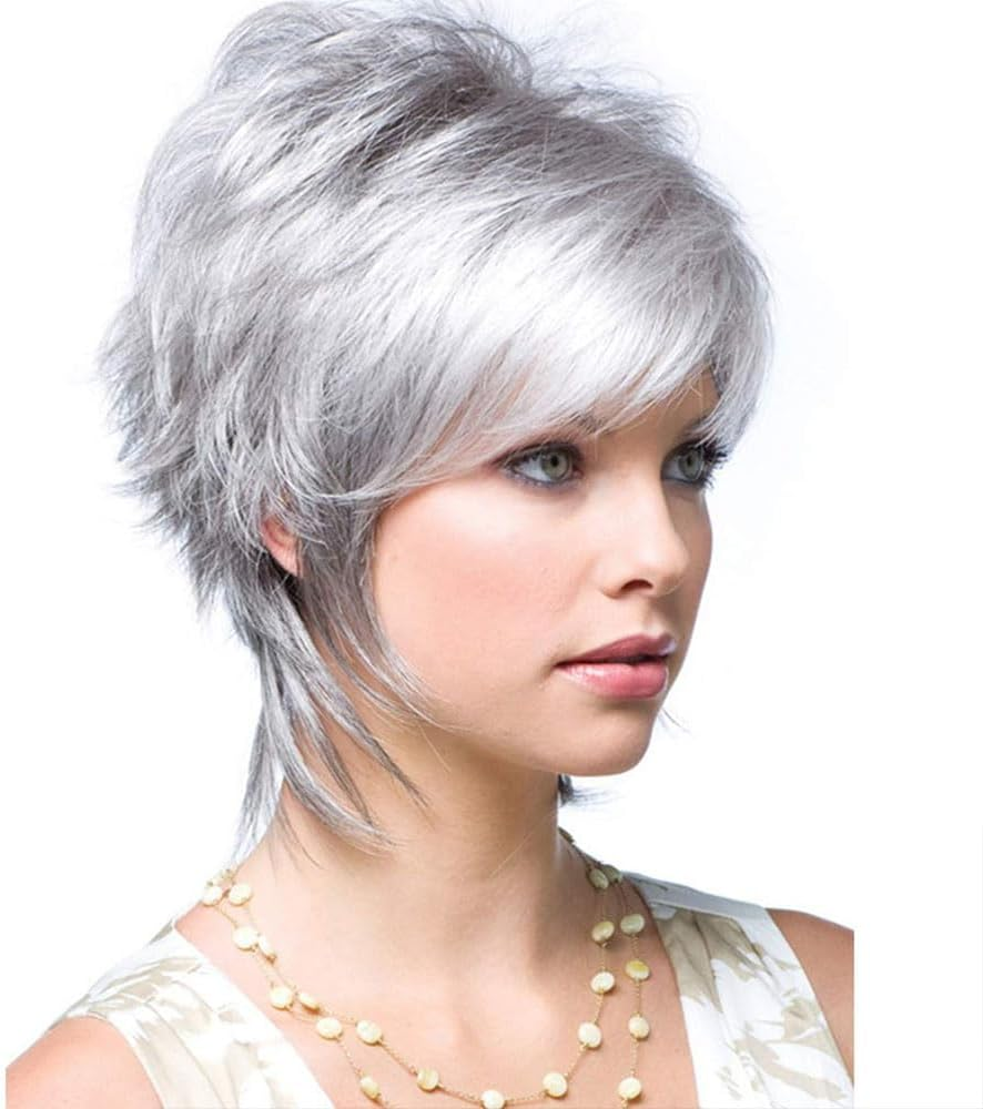 AUBWIG Long Soft Silver Grey Shaggy Tiered Wigs for Women Shoulder Length Tiered Natural Shaggy Wig with Fringe Synthetic Wig (Silver Grey) image number 1