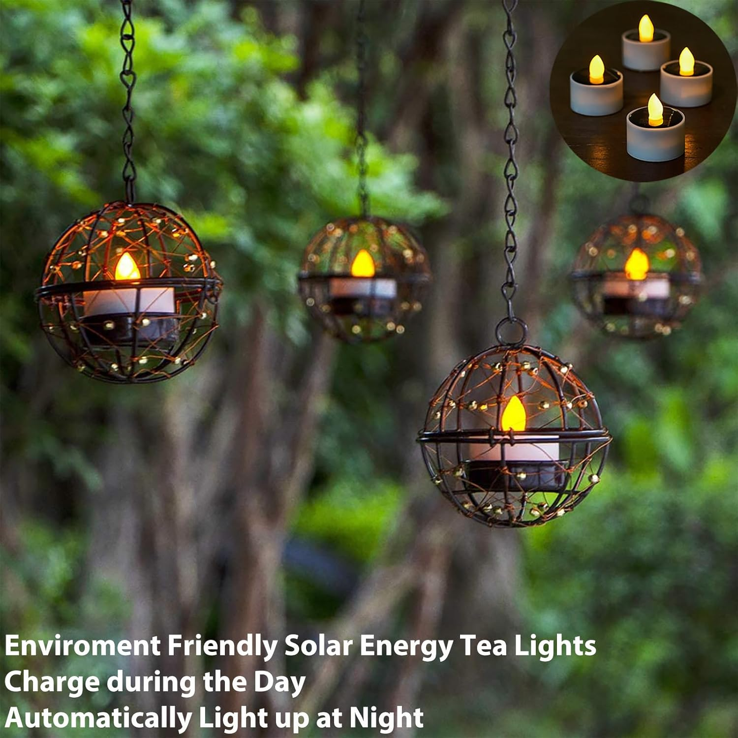 Outdoor Solar Hanging Lanterns Waterproof, Globe Hanging Candle Holder with Flickering Solar Powered Tea Lights, Chargeable Chandelier Light for Backyard Patio Garden Fence Tree Decoration-4Pack image number 6
