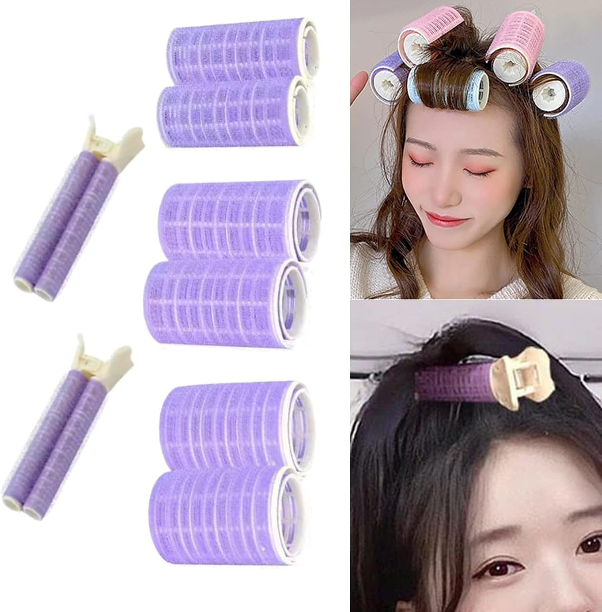 Volumizing Hair Curlers, Rollers and Clips - 8PCS with Self-Grip for Long, Medium, Short, Thick or Thin Hair (3 Sizes, Purple)