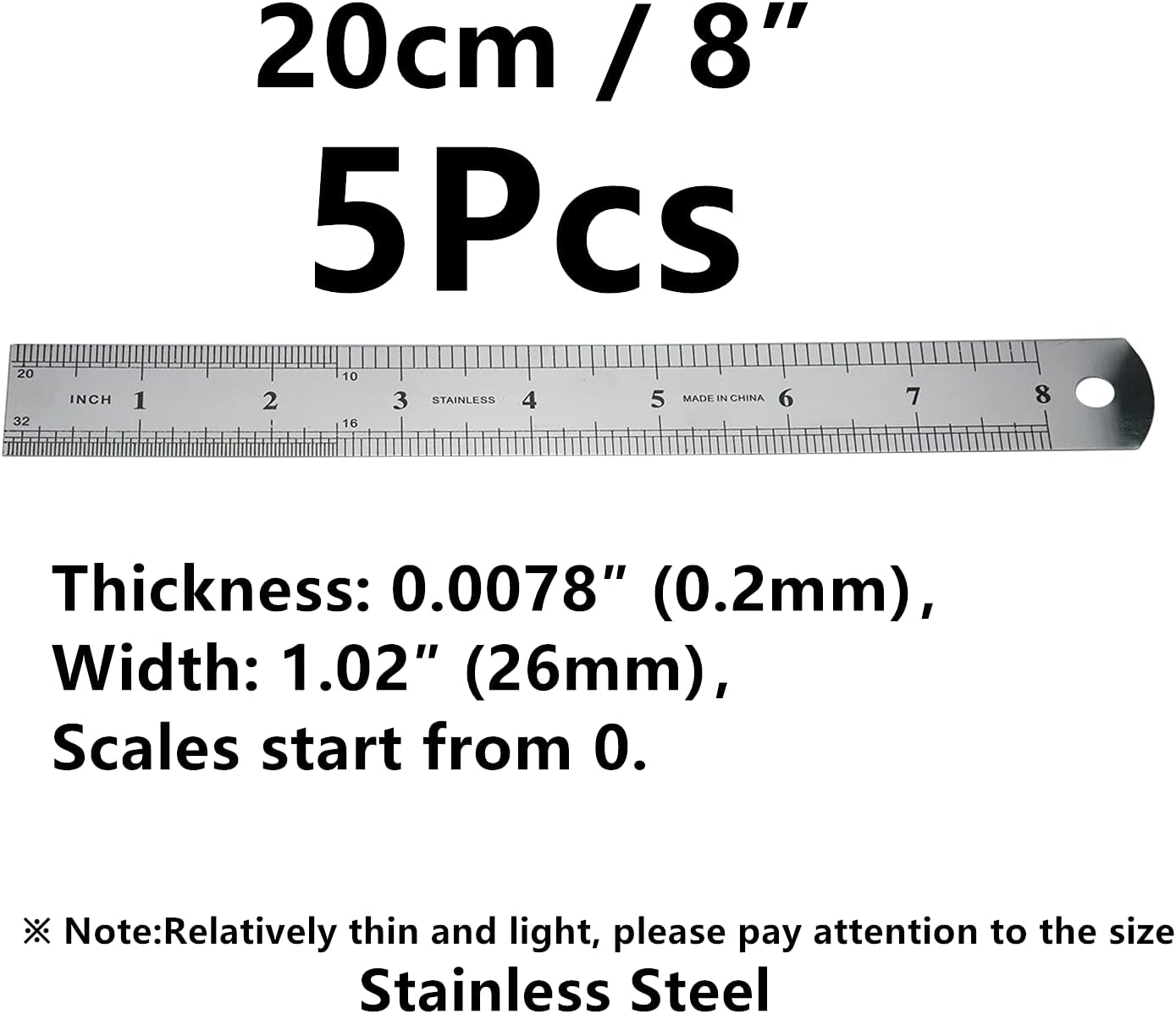 5Pcs 8 Inch Stainless Steel Ruler,Inch/Metric Graduations Ruler, Mm Metal Rulers 20Cm image number 4