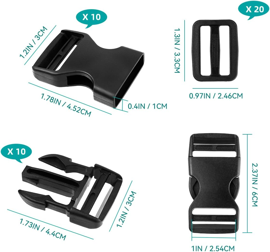 10 Set 1 Inch Buckles for Straps with 20 Pcs Tri-Glide Slide Clip, Quick Side Release Plastic Buckle Clip, Fit 1 Inch Wide Nylon Webbing Canvas Strap (Black), Black image number 3