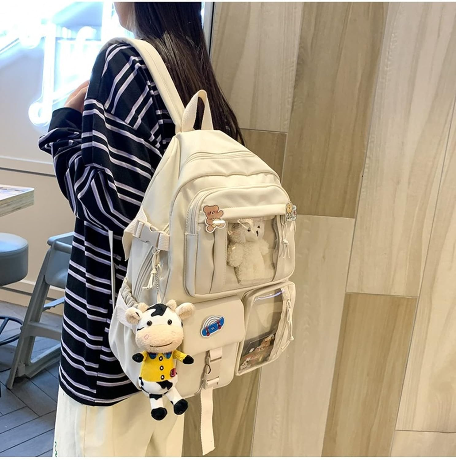 Kawaii Backpack Cute Aesthetic Anime with Pins Cow Bear Pendant School Supplies Bag Animal Cartoon Preppy Japanese image number 1