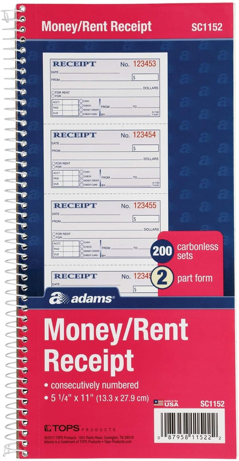Adams Money and Rent Receipt Book, 2-Part Carbonless, 5 1/4 X 11 Inch Detached, Spiral Bound, 200 Sets per Book (SC1152) - Smaller Pack