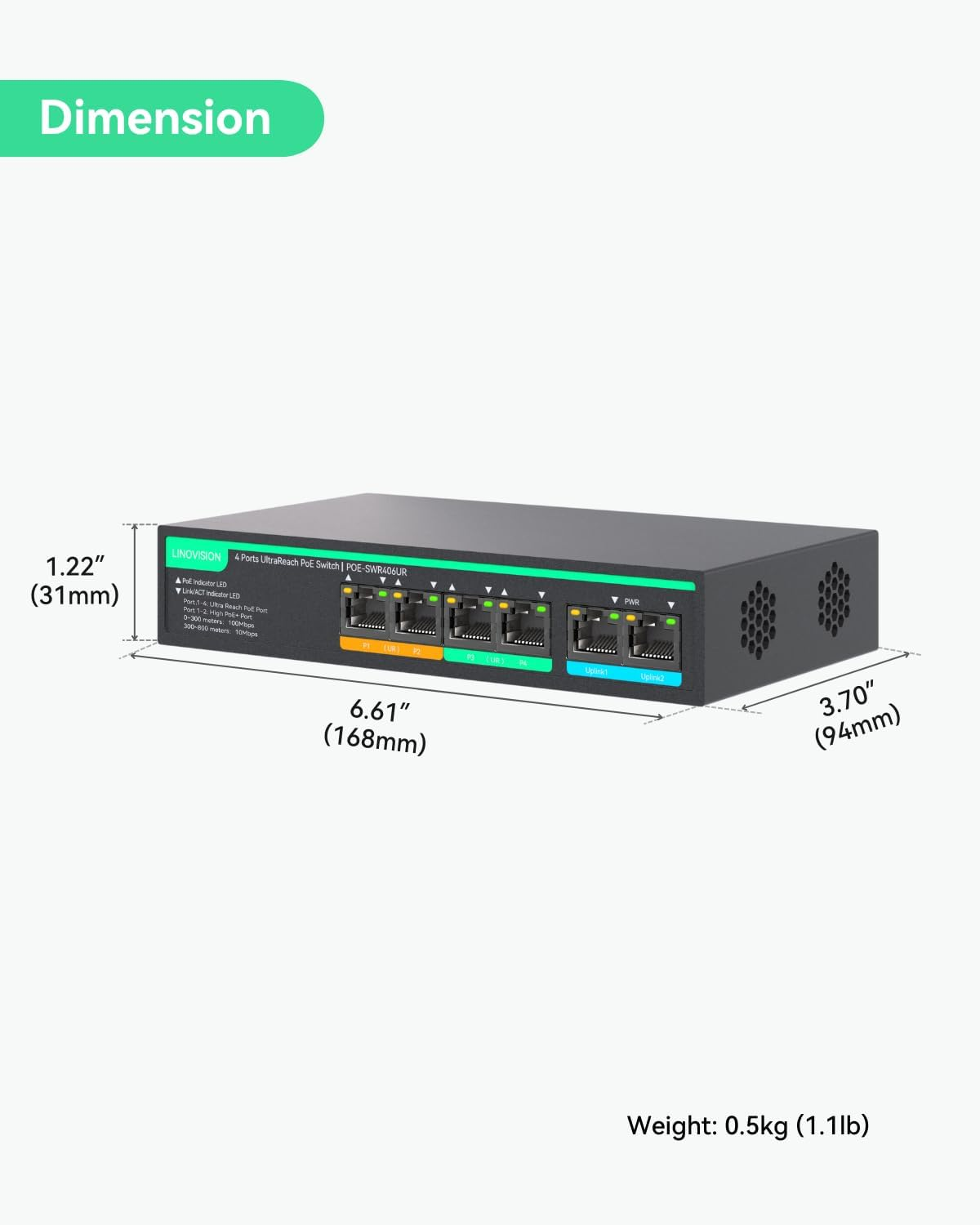 LINOVISION 4 Ports Ultrareach Poe Switch with Remote Cloud Management, up to 800M Long Range Poe and Data Transmission, 2 High-Poe+ Ports for Big PTZ Cameras