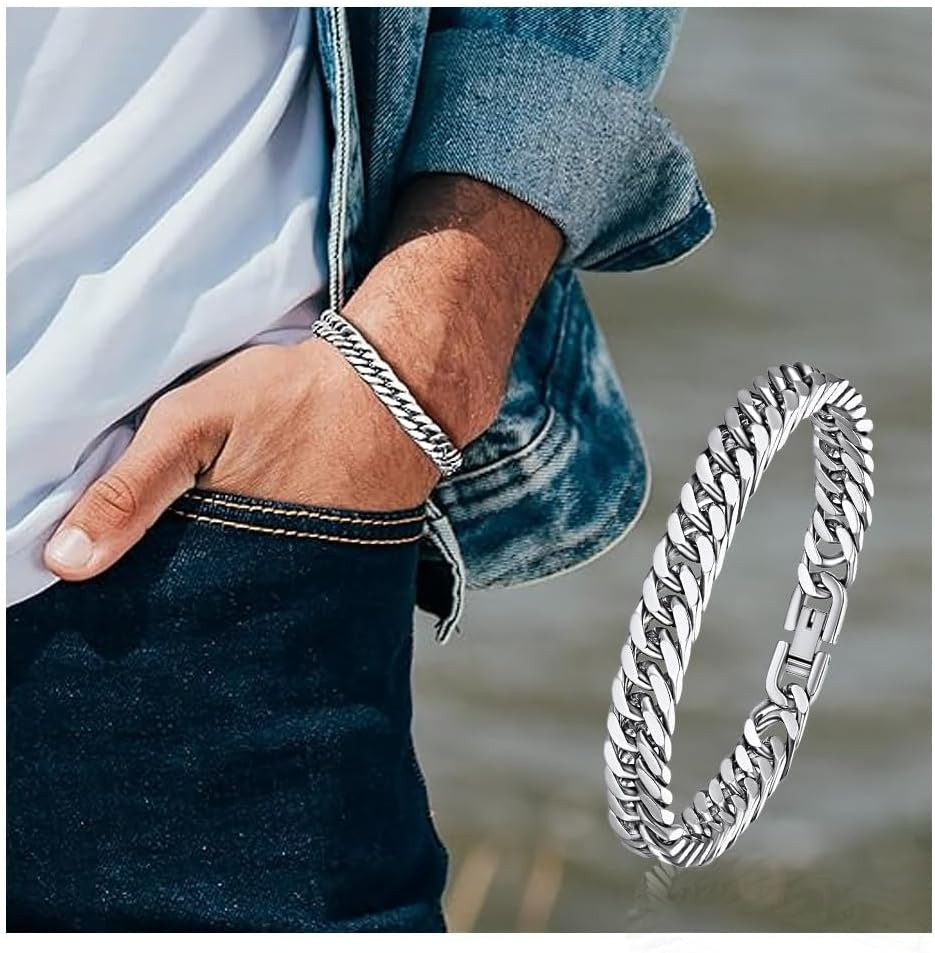 Bracelets for Men, Mens Jewelry with Gift Box Stainless Steel Simple Cuban Chunk Link Silver Bracelet for Men and Boys - 21Cm image number 6
