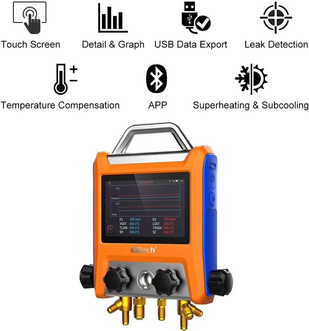 Elitech EMG-40V 4 Valve Smart Digital Manifold Kit with 5" Smart Touch Screen and HVAC Meter with Bluetooth image number 2