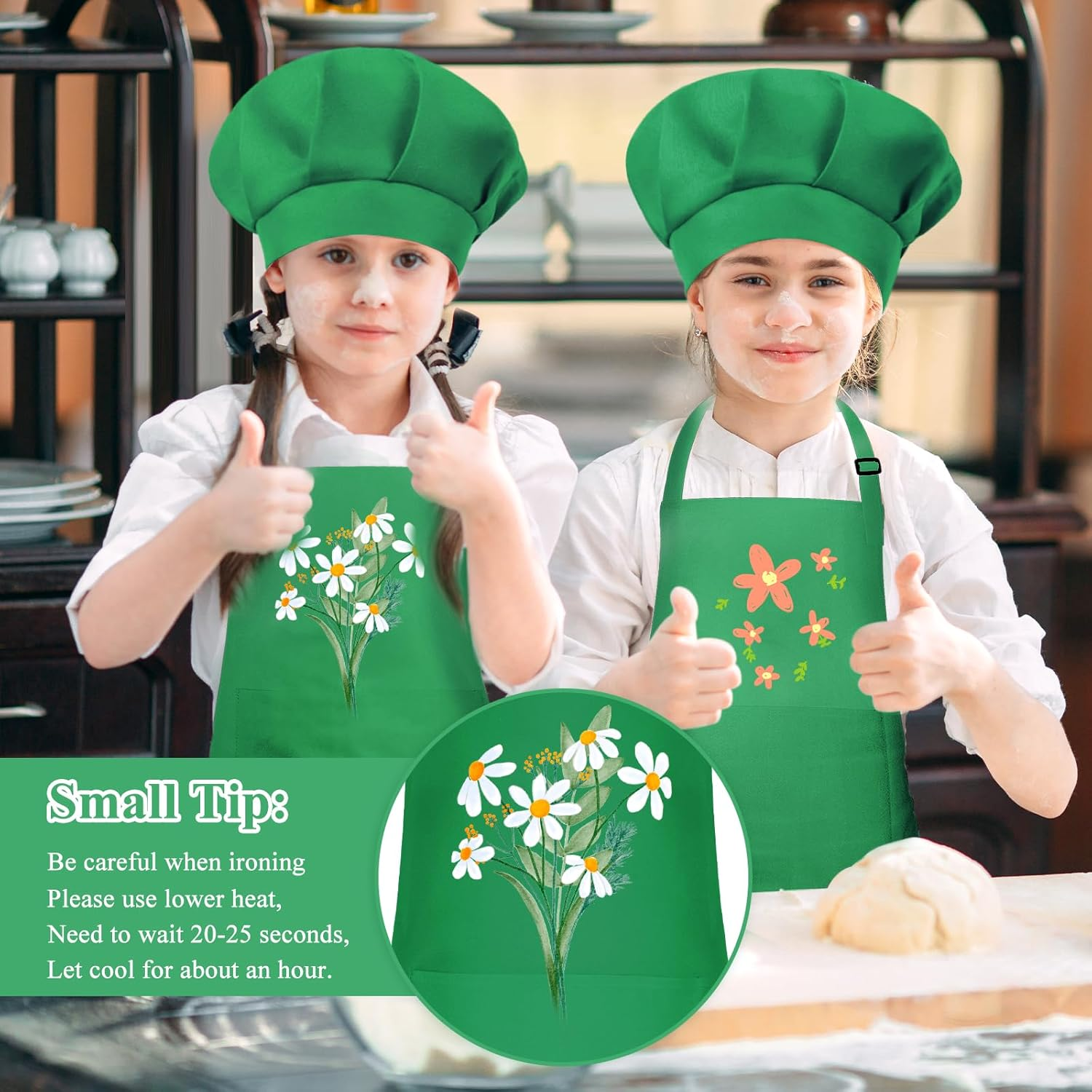 Kids Apron and Chef Hat Set Adjustable Chef Art Apron with 2 Pockets Toddler Chef Hat and Apron for Cooking Painting, M-Green, Small image number 3