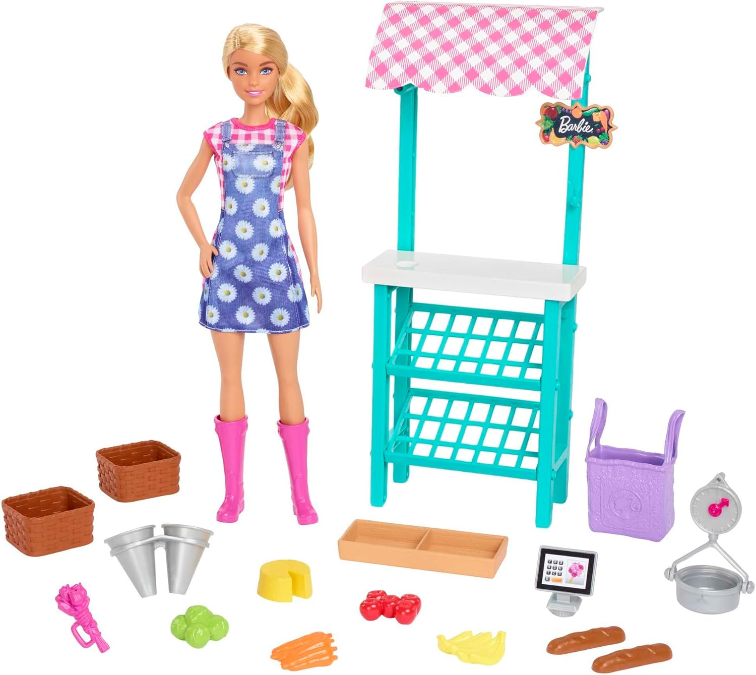 Barbie Farmers Market Playset, Barbie Doll (Blonde), Market Stand, Register, Vegetables, Bread, Cheese & Flowers, Great Gift for Ages 3 Years Old & Up image number 4