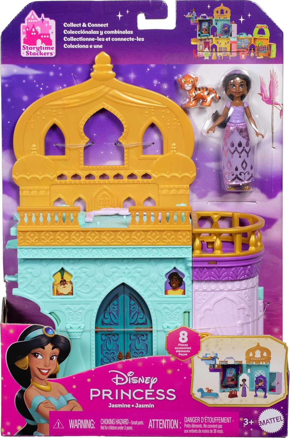 Disney Princess Jasmine'S Stacking Castle Dollhouse Playset with Small Doll, 2 Friends and 8 Pieces, Inspired by Disney Movie Aladdin, JDP56, [Multi-Colour]