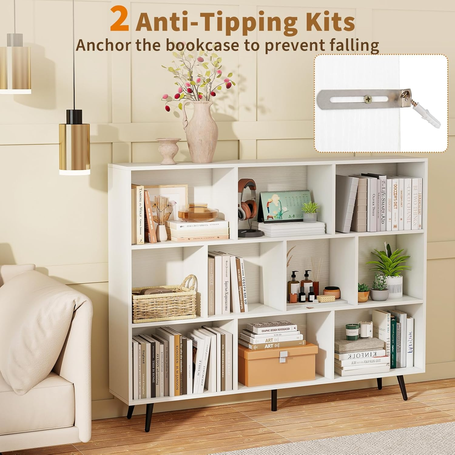 Giantex 10-Cube Bookcase, 140 Cm Mid Century Modern Storage Organizer with 4 Tapered Metal Legs, Freestanding Display Rack Bookshelf with 2 Anti-Tip Kit for Living Room, Study Room, Bedroom, White image number 5