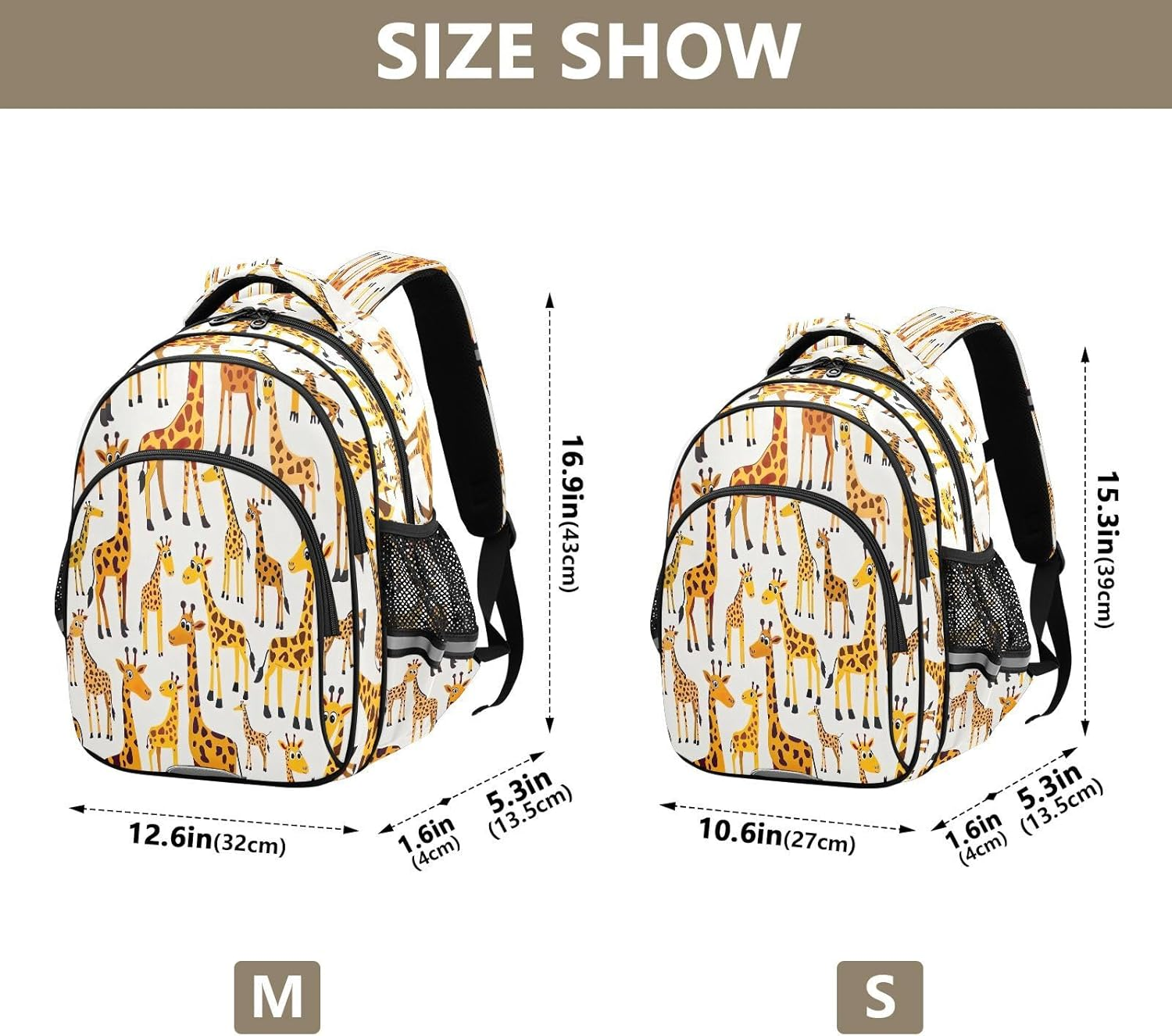 RPLIFE 15 Inch Kids Backpack for School, Playful Giraffes White Lightweight Backpack for Kids image number 5