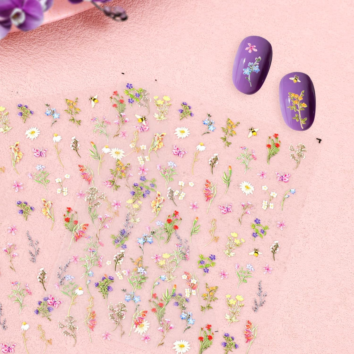 BOXOB 2 Sheets 5D Embossed Flower Nail Stickers, Floral Plant Manicure Stickers Self-Adhesive Spring Summer Accessories for Nail Design Decoration for Women Girls image number 1