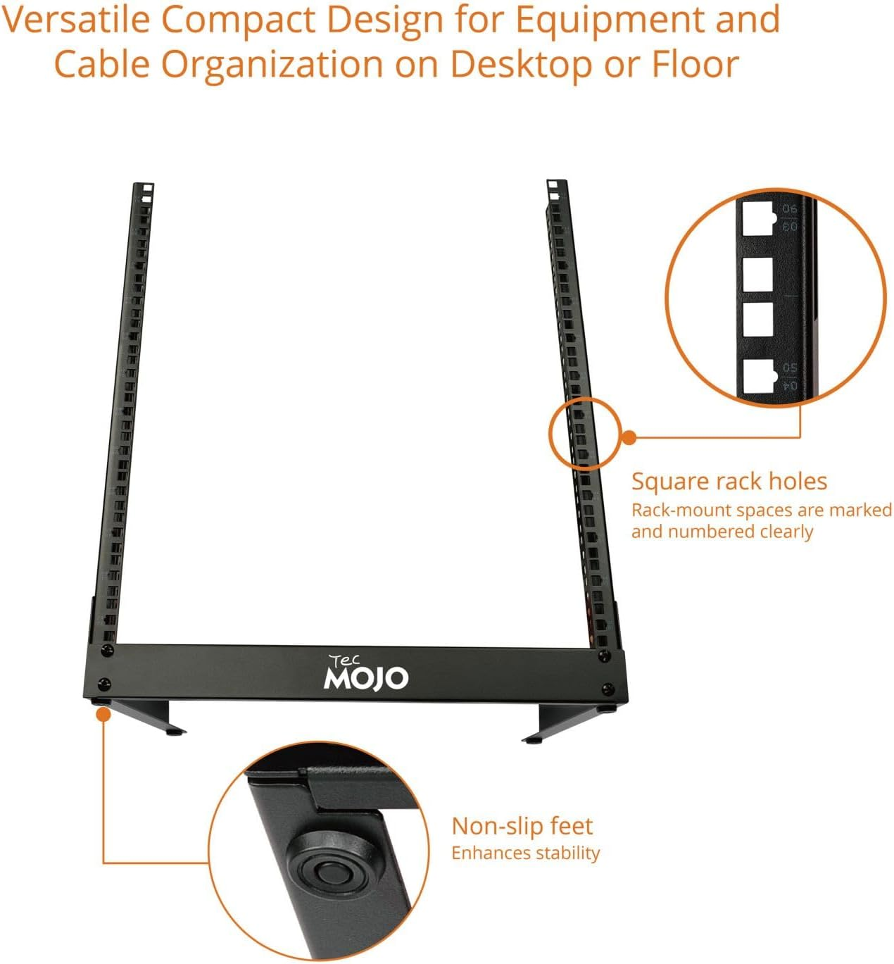 Tecmojo 12RU 19 Inches Desktop Open Frame Rack, 2 Post Network Rack with Square Holes, Compact Switch Depth for Patch Panel/Av/Computer Equipment image number 5