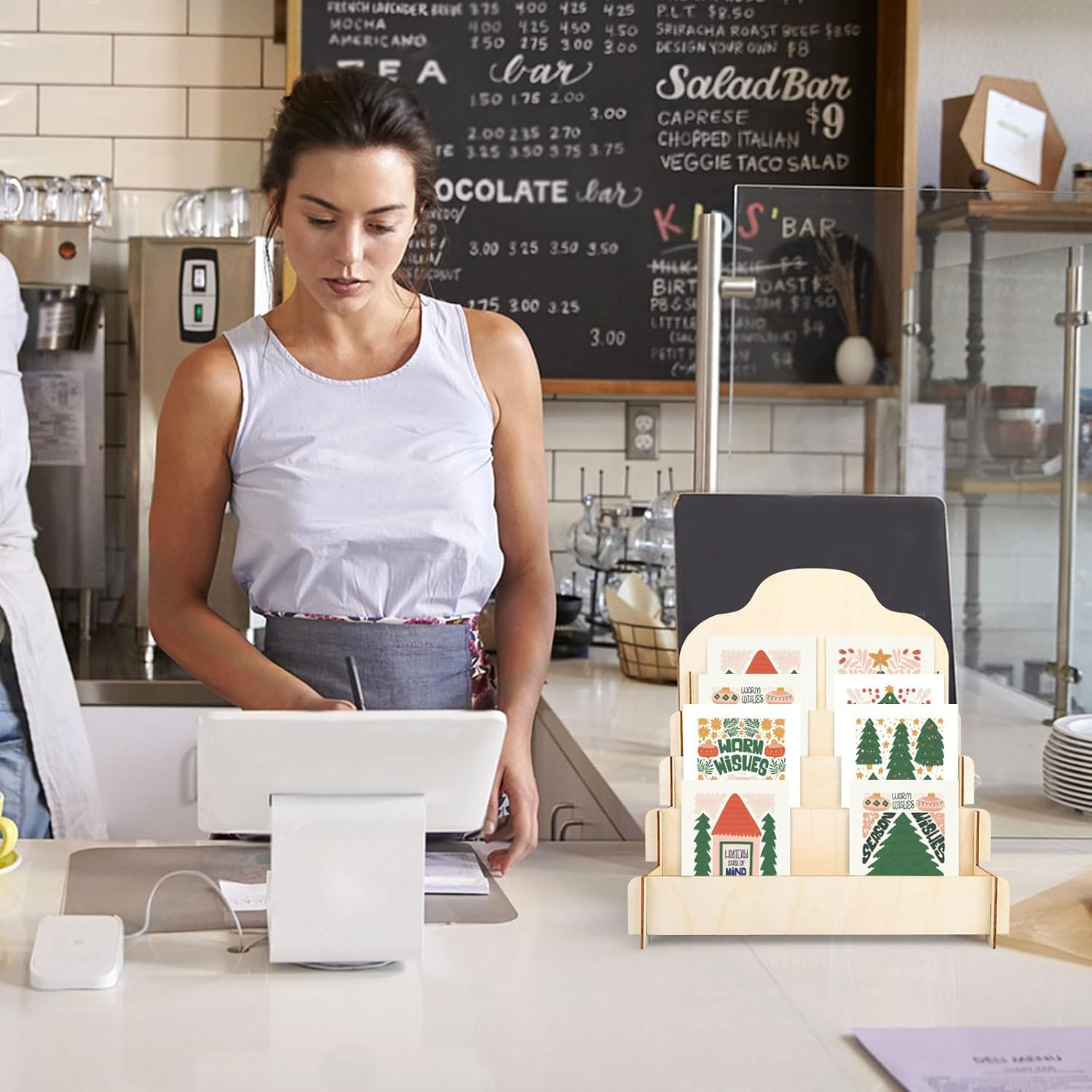 Greeting Card Display Stand 4-Tiered, Postcard Display Stand, Stickers Display Stand for Vendors, Wooden Card Display Rack for Collector, Pictures, Brochure image number 3