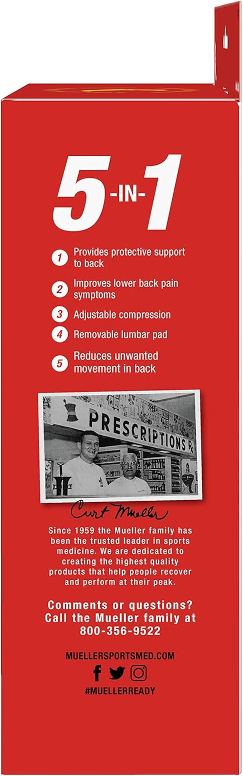 Mueller Sports Medicine Lumbar Support Back Brace with Removable Pad, Black, One Size image number 2