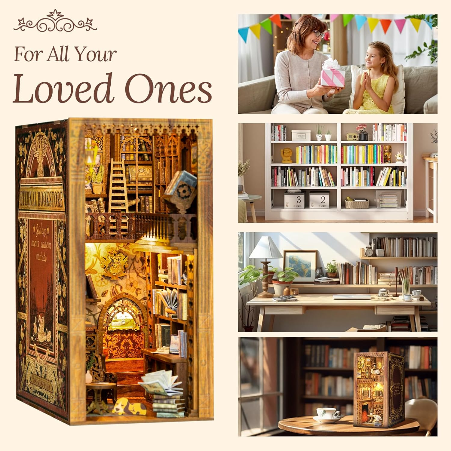 CUTEBEE Book Nook Kit, DIY Miniature House Kit for Adults, 3D Wooden Puzzle Bookend Bookshelf Insert Decor with LED Light and Dust Cover, Unique Crafts Made with Your Loved Ones (Eternal Bookstore) image number 1