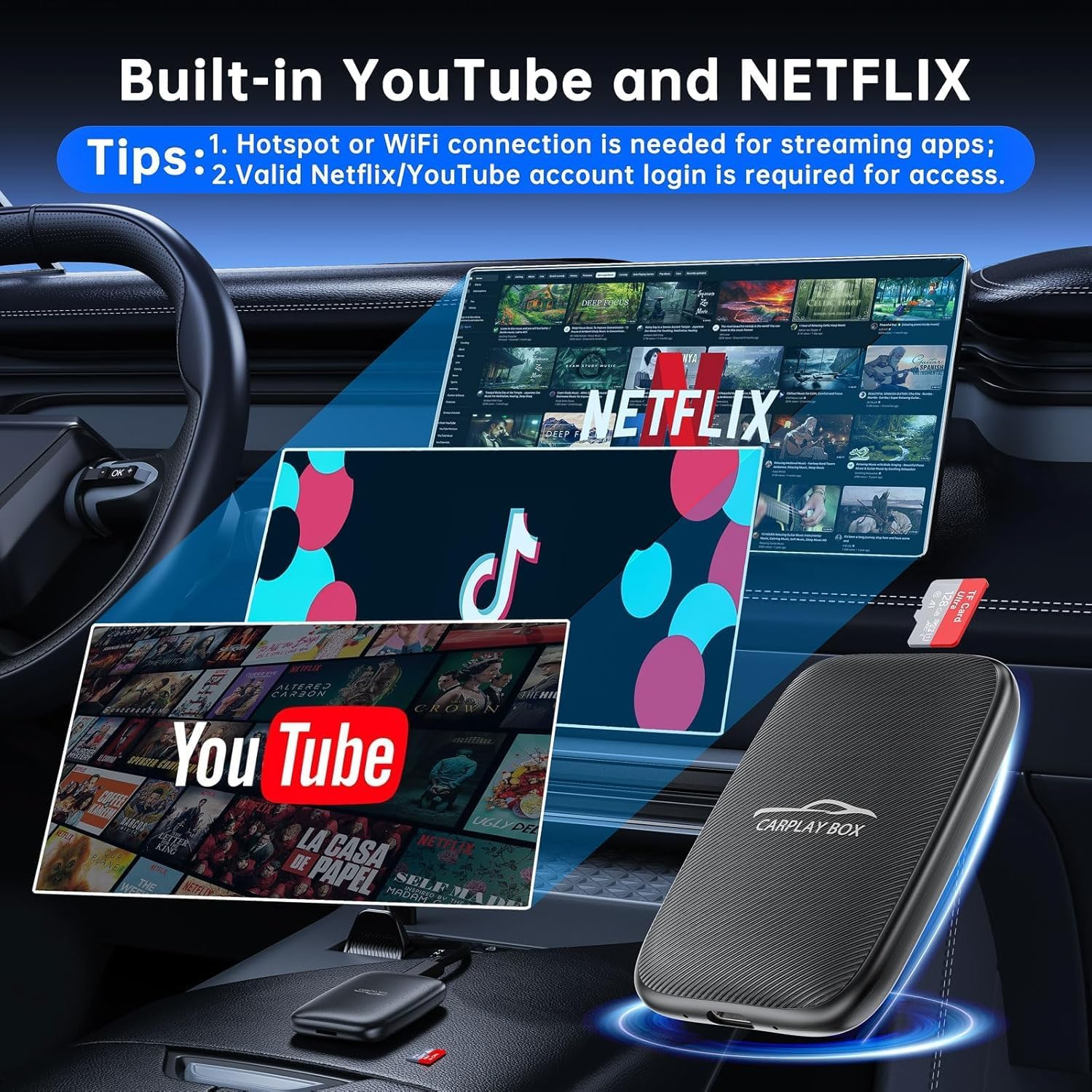 5-In-1 Carplay and Android Auto Wireless Adapter, Wireless Carplay Adapter with Netflix Youtube TF Card, Plug & Play, Easy Setup, Magic Video Ai Box for OEM Wired Apple Car Play Cars image number 5