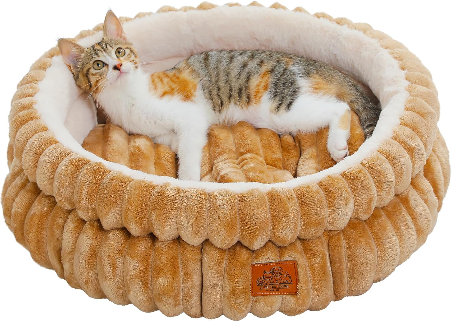PAWZ Road Washable Cat Bed, Small Dogs, Round, Fluffy Cat Cushion, Cat Sleeping Place Bed, Cat Basket, Brown, 51 X 51 X 20 Cm