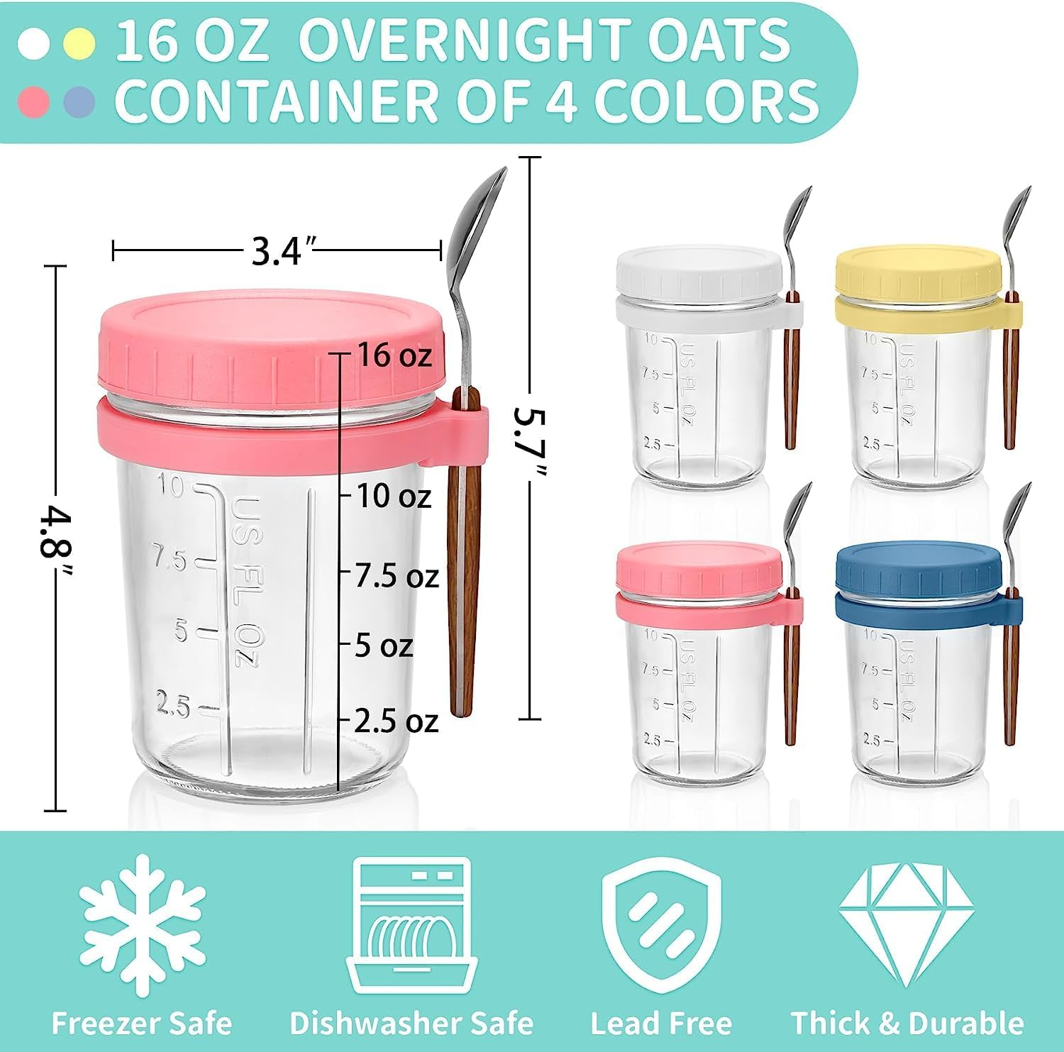 ALINK 4 Pack Overnight Oats Containers with Lids and Spoons, 16 Oz Large Capacity Glass Mason Jars with Airtight Lid for Overnight Oats Meal Yogurt Chia Pudding Fruit Cereal Oatmeal Reusable Jars image number 6