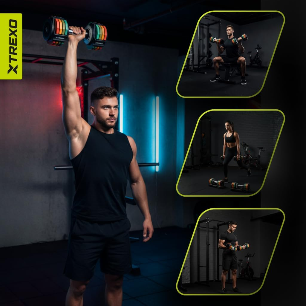 TREXO Multicolour Adjustable Dumbbell Set, 2 X 5 Kg Dumbbells Made of Steel with Non-Slip Handle, Ideal for Strength Training at Home and in the Gym, Adjustable Dumbbell with Sturdy Base image number 3