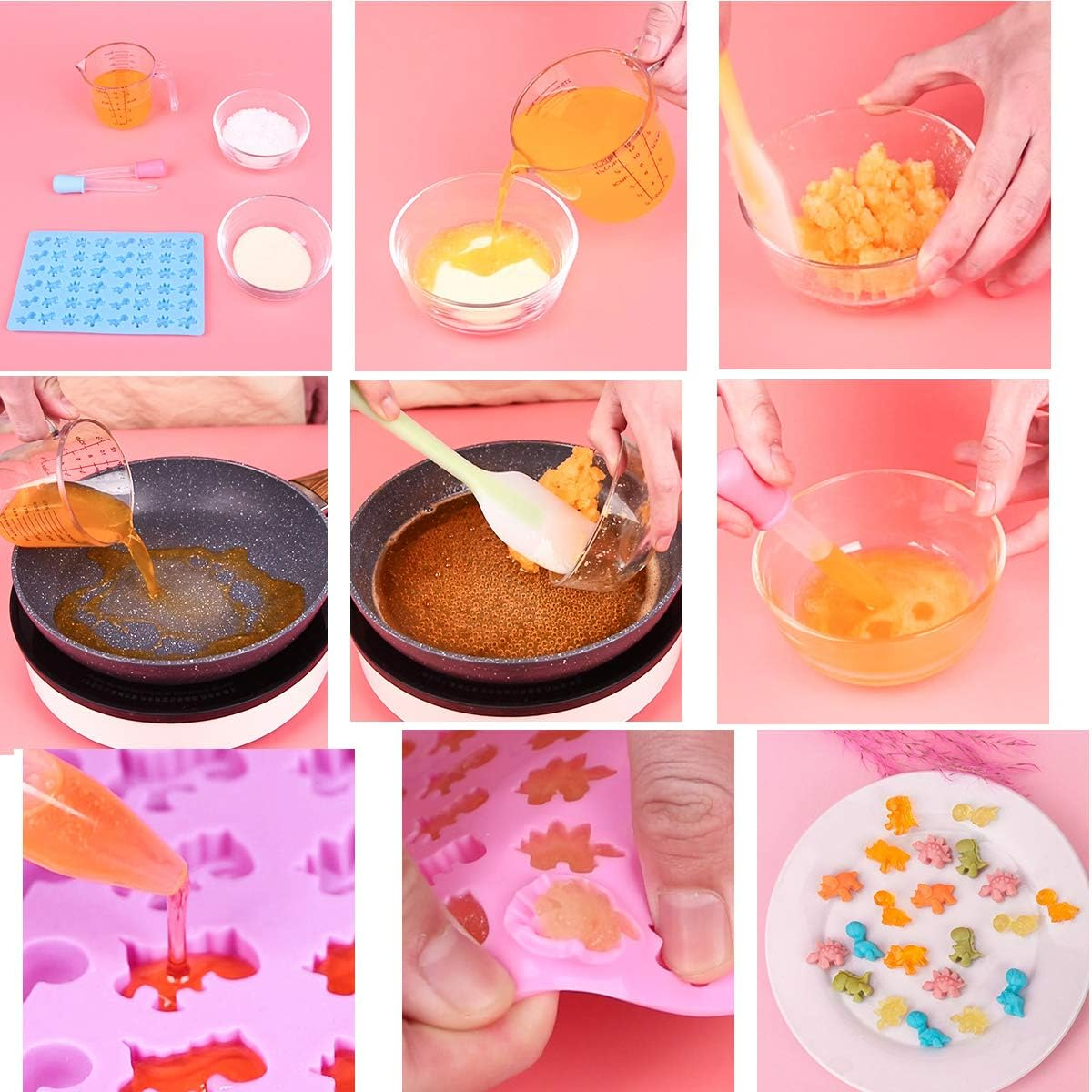 Mini 48 Dinosaur Silicone Gummy Chocolate Baking Mold with Dropper Ice Cube Tray Candy Sweet Jelly Mould Cake Cupcake Topper Decor Molds DIY Tool (Pink) image number 6