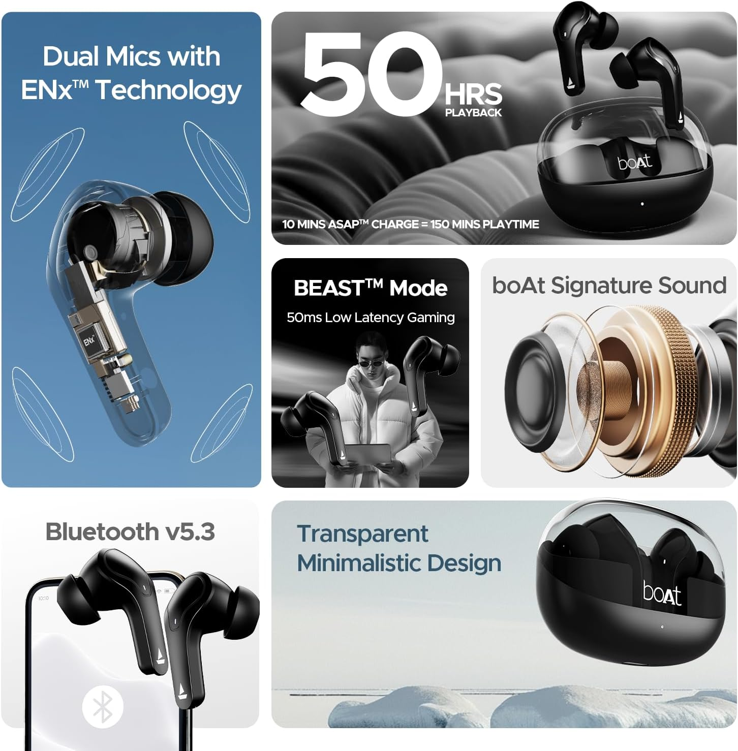 Boat Airdopes 311 Pro Truly Wireless in Ear Earbuds, up to 50 Hrs Playtime, Dual Mics, Low-Latency Mode, ASAP Charging, IPX4, IWP Tech, BT V5.3 (Active Black) image number 6