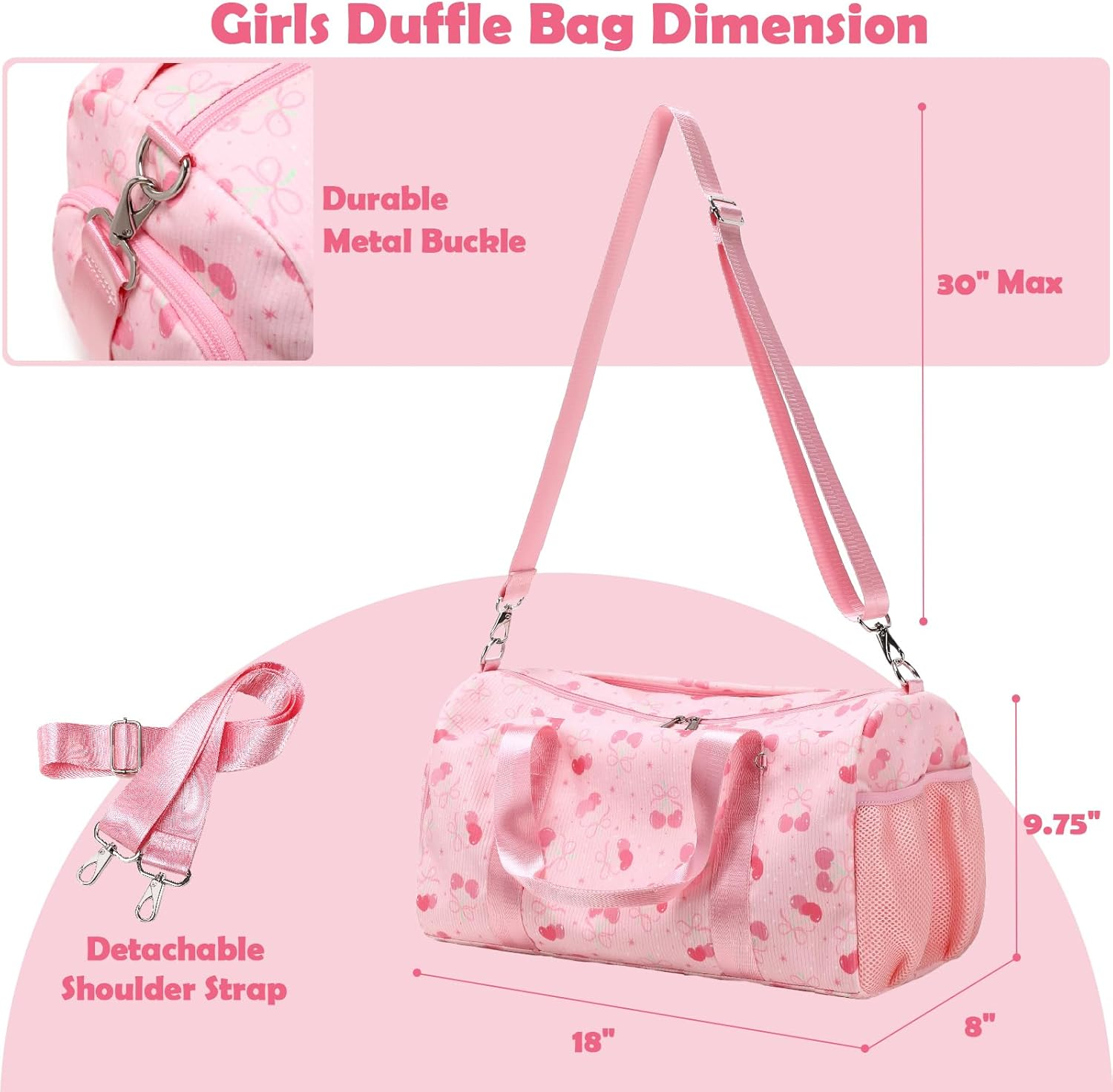 Kids Dance Bag Gymnastics Bag Girls Boys Duffle Bag Gym Sports Ballet Bag with Shoe Compartments, Girls Overnight Weekender Carry on Travel Bag, Cherry Pink - Bow Pink image number 6