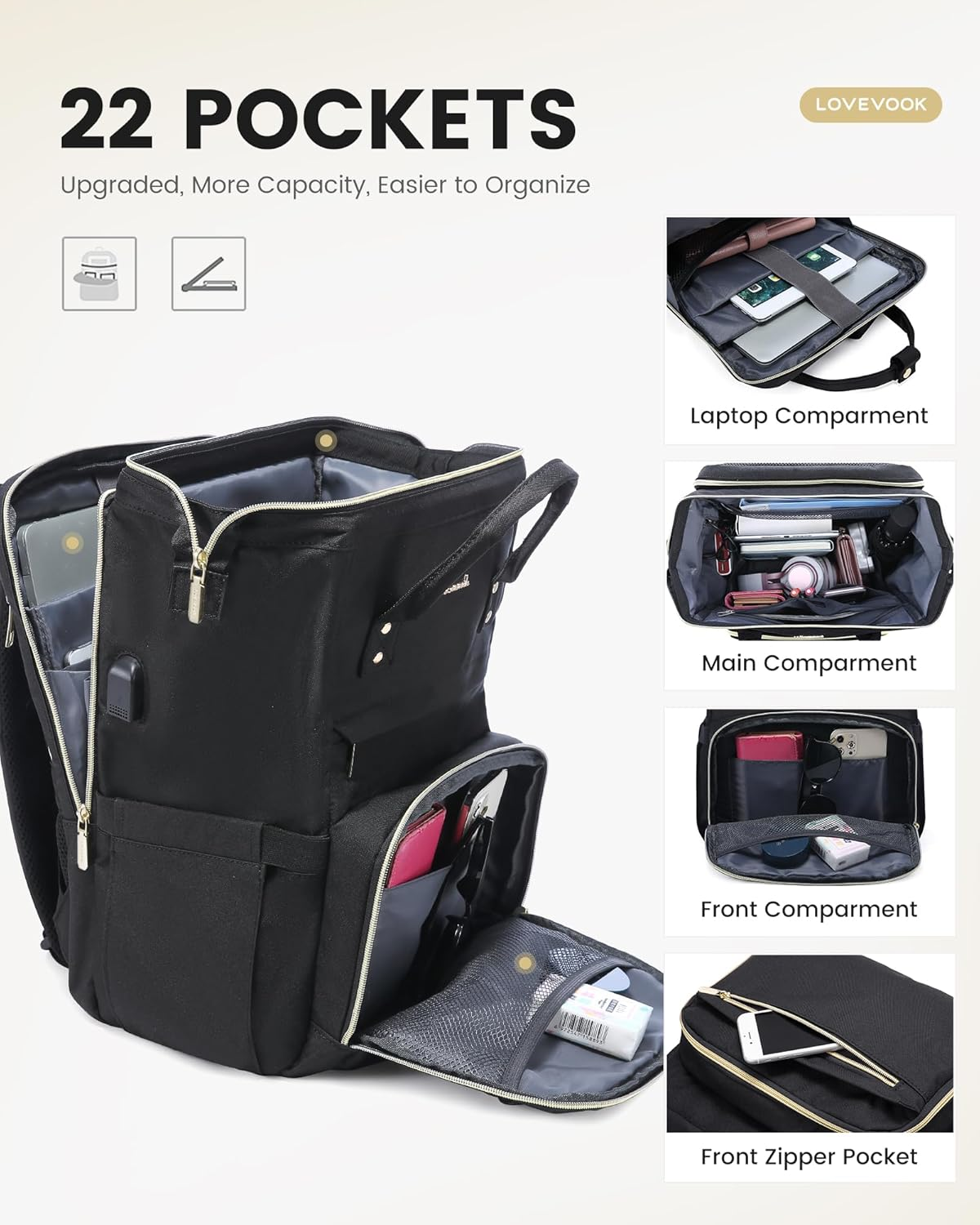 LOVEVOOK Laptop Backpack for Women, Travel with Compartment, Water Resistant Teacher Nurse Backpack, Anti-Theft Back Pack Charger Work Doctor, 15.6-Inch, Black image number 6