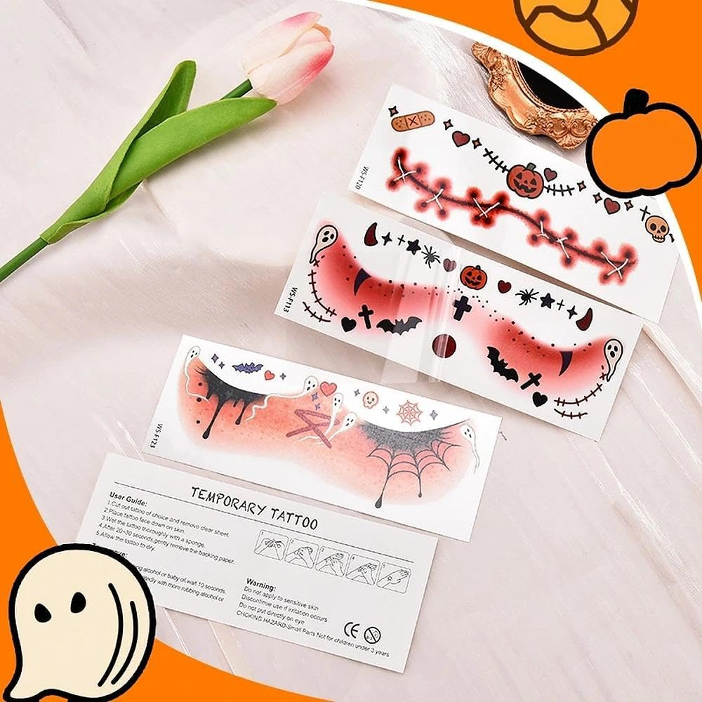 Halloween Face Stickers for Women Girls Cute Bat Skull Spider Pumpkin Temporary Face Tattoos for Day of the Dead Festival Halloween Party Vampire Gothic Masquerade Makeup Decorations 4Pcs - Pumpkin image number 5